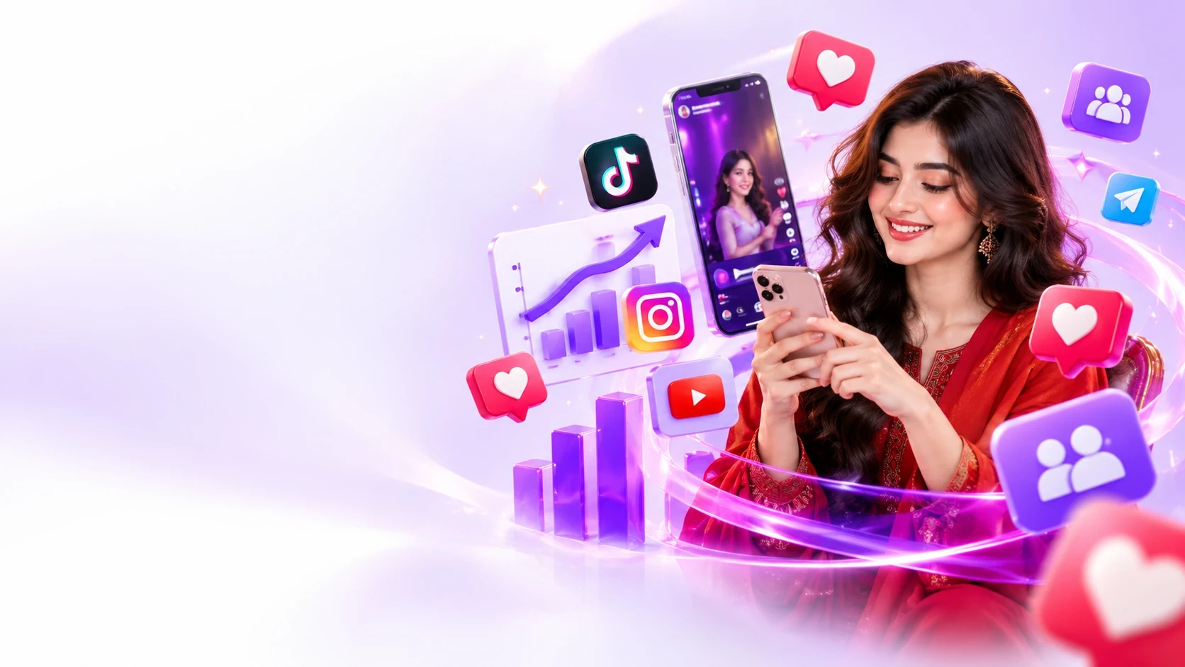 Creator in red outfit using a phone surrounded by social media growth icons