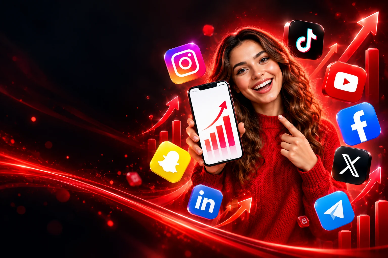 Creator with a phone, growth chart and social media platform icons